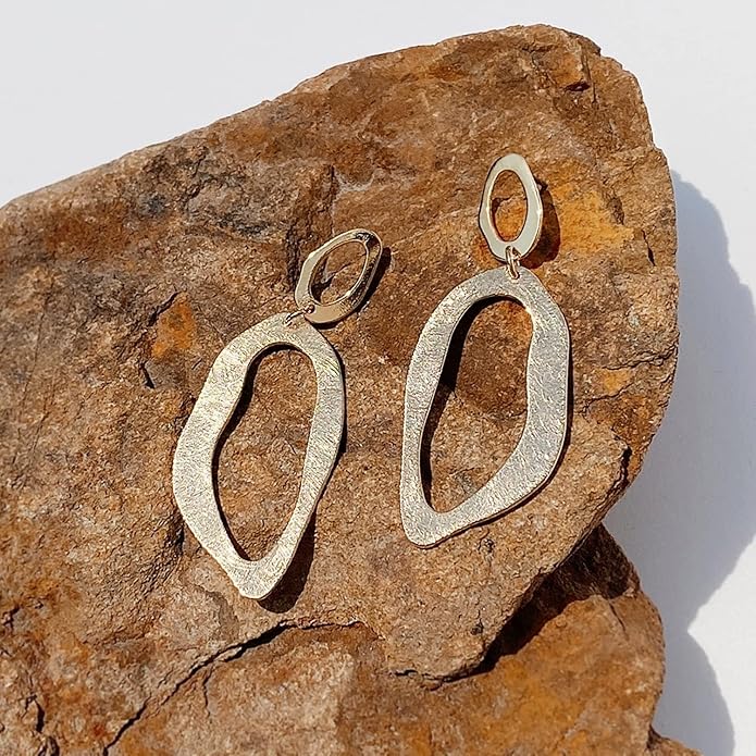 OZEL Gold Dangle Earrings for Women Brushed Finish, Matte Gold Statement Jewelry, 14k Gold Plated