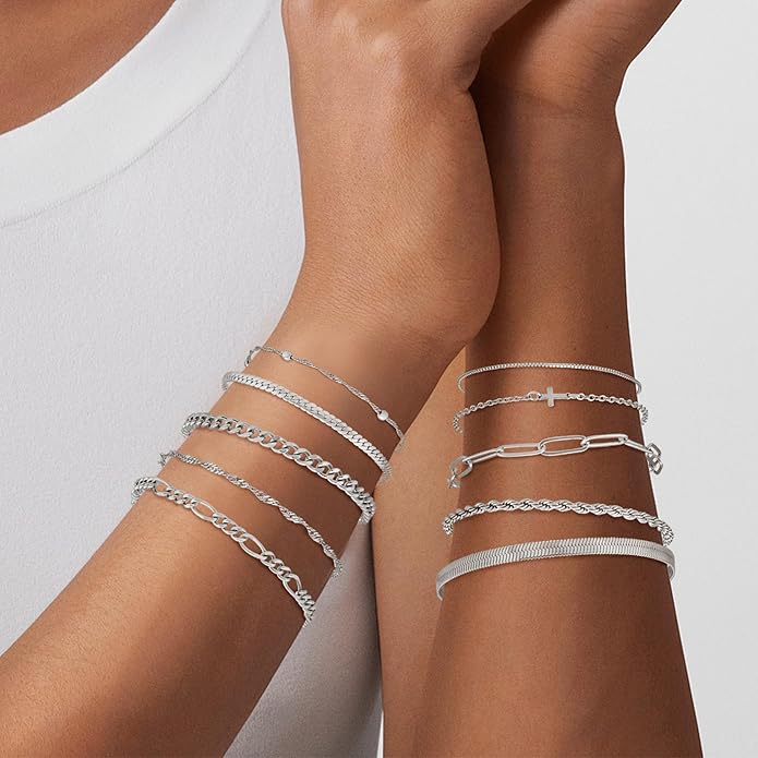 XIANNVXI 10pcs Rose Gold/Gold/Silver Bracelets Stack for Women Dainty Thin Rose Gold Bracelets Set Silver Chain Bracelet Paper Clip Stackable Figaro Herringbone Paperclip Bracelet Pack for Womens