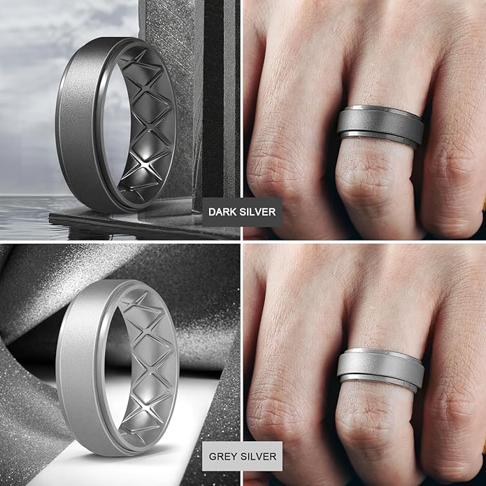 Egnaro Men's Rings 8.5mm Wide-2mm Thick Inner Arc Ergonomic Breathable Rubber Wedding bands-Hypoallergenic for Gym/Outdoor/Gift((1-7 Variety Pack with Half Size)