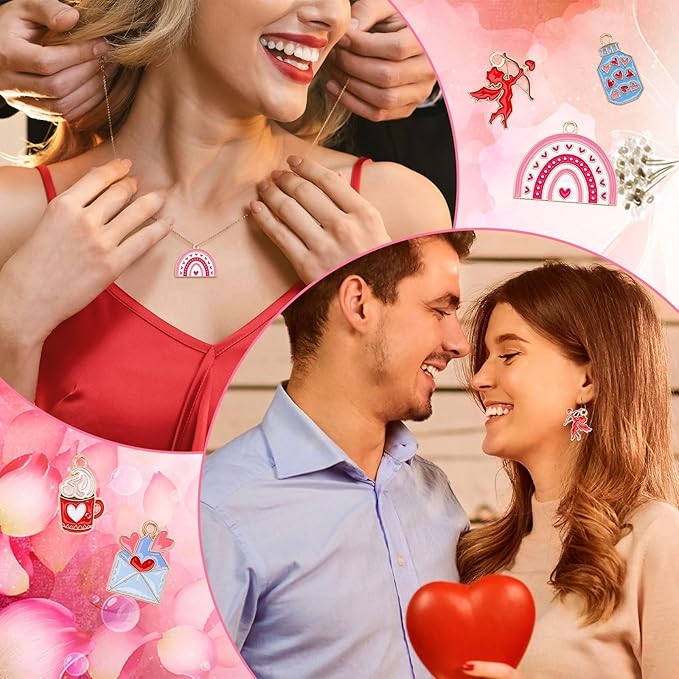 MARFOREVER 40 Pcs/20 Pairs Valentines Charms for Jewelry Making, Heart Charms for Jewelry Making Gold Enamel Red Pink Romantic Love Charm Pendants for Valentine's Day Bracelet Necklace Earrings Making