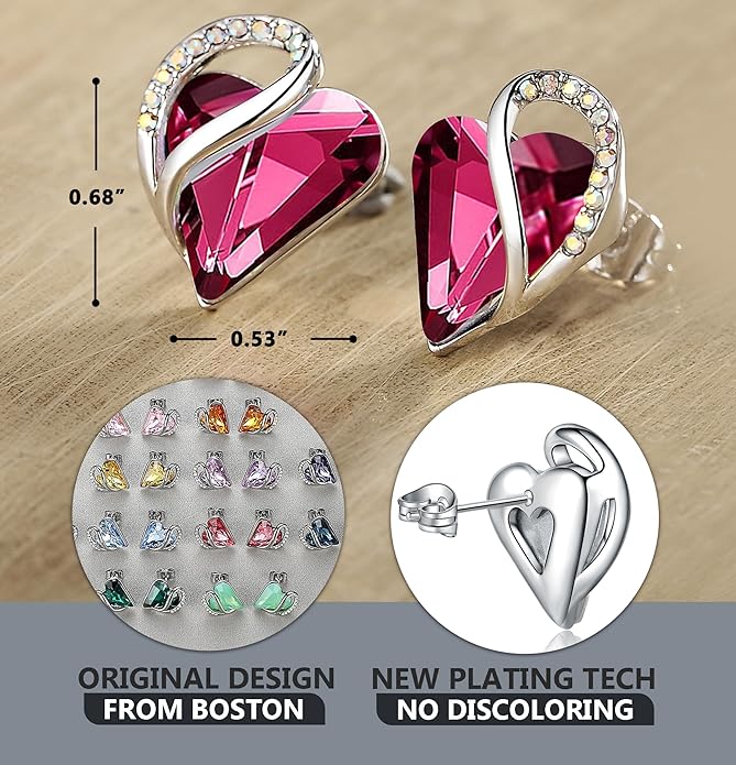 Leafael Infinity love Heart Birthstone Stud Earrings for Women, Valentine's Day Gifts for Mom, Wife, and Her, Silver Plated Birthday Jewelry