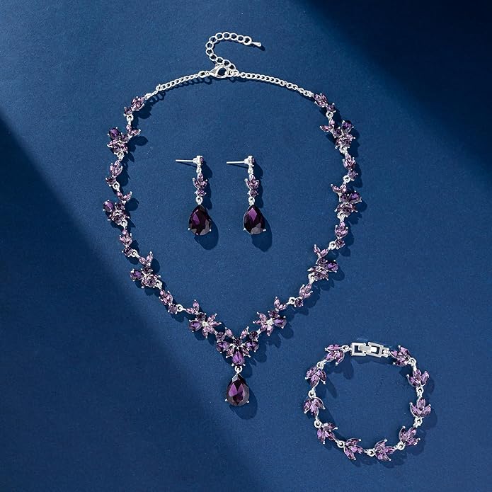 Bridal Wedding Elegant Floral Jewelry Set for Women/Brides/Bridesmaids Crystal Jewelry Set for Wedding Prom Party Bridal Crystal Necklace Earrings Bracelet Set