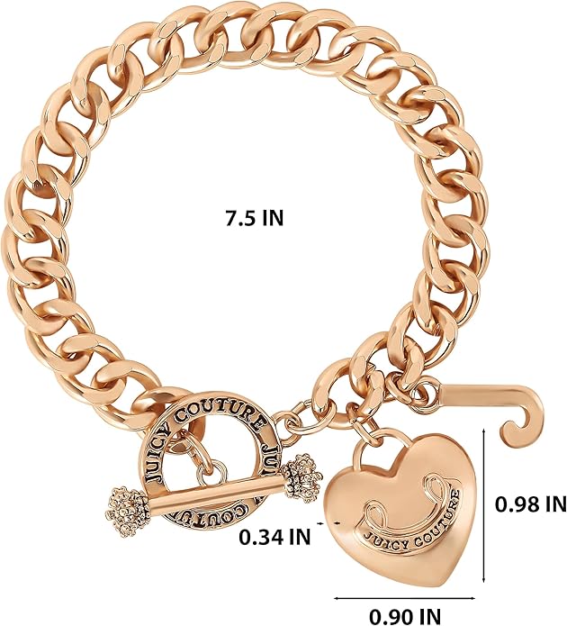 Juicy Couture Bracelet 7-7.5", Goldtone Heart Charm and Toggle Bracelets for Women, Juicy Jewelry