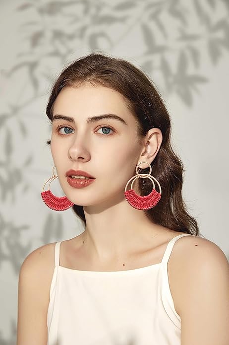 Raffia Hoop Earrings for Women Fun Boho Summer Beach Earrings Lightweight Handmade Straw Wicker Rattan Dangle Earrings Statement Geometric Round Drop Earrings