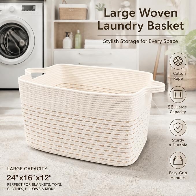 65L Large Laundry Basket with Handles, Woven Blanket Basket, Living Room - Image 5
