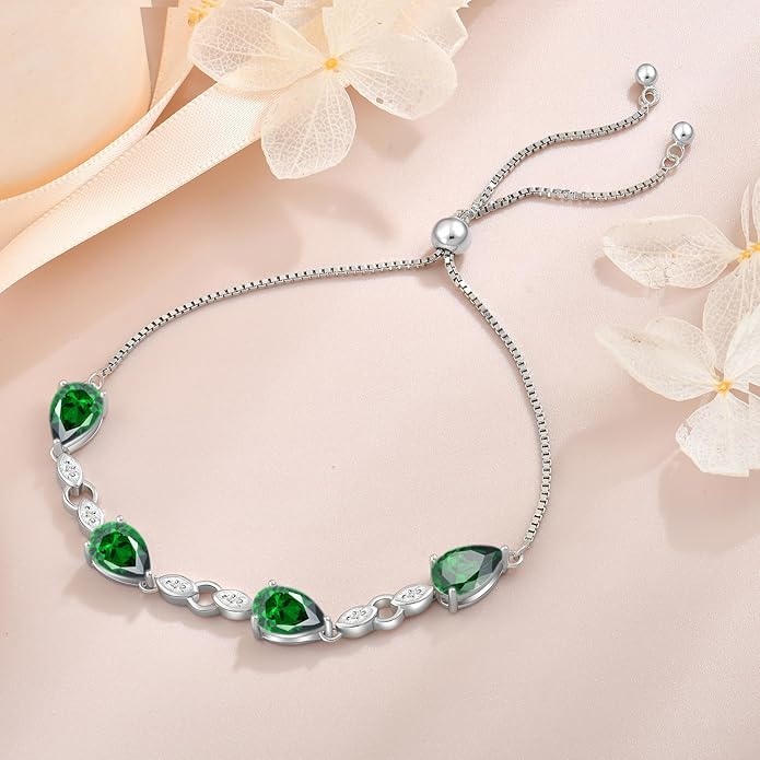 Teardrop Birthstone Bracelet for Women, S925 Sterling Silver Pear Cut Cubic Zirconia Bracelet Dainty Adjustable Chain Jewelry Gift for Her