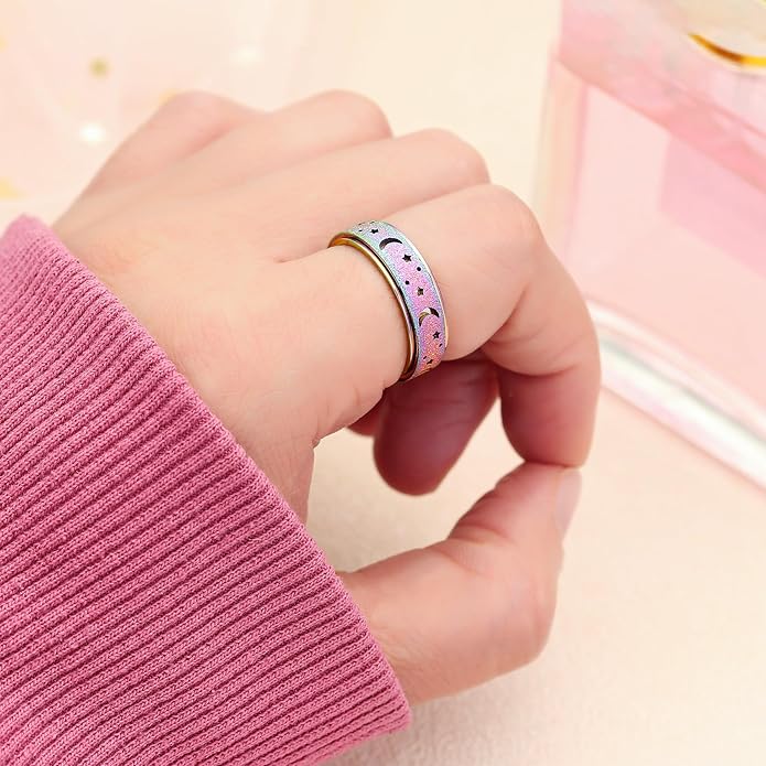 AmorArtSky Anxiety Ring for Women Men, Titanium Stainless Steel Spinner Ring, 5 Colors, 6MM, Size 6-10, 3 Styles Anxiety Ring-Moon Star, Sandblasted Finished, Hollow Outer