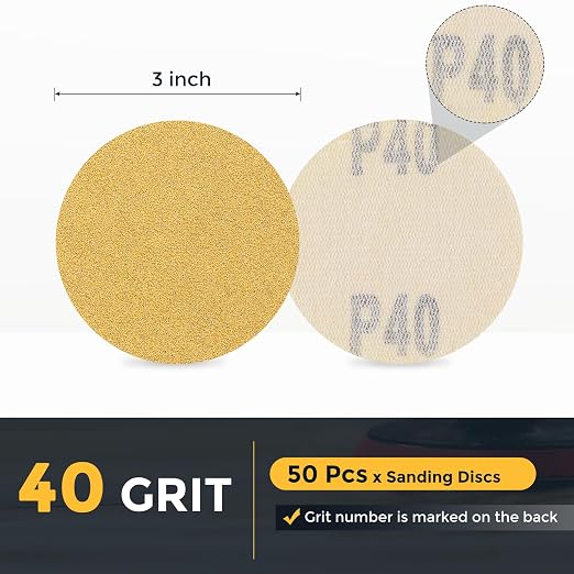 HARFINGTON 50 Pcs 3 Inch Sanding Discs 40 Grit Yellow Aluminum Oxide | Hook and - Image 2