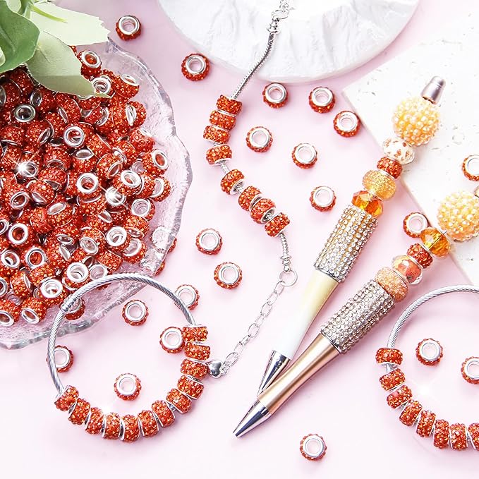 60Pcs Rhinestone Large Hole Beads Spacer Beads Orange European Craft Big Beads Large Hole Rhinestones Lampwork Murano Bead Fairy Wand Garden Beads for DIY Bracelet Necklace Jewelry Making Supplies