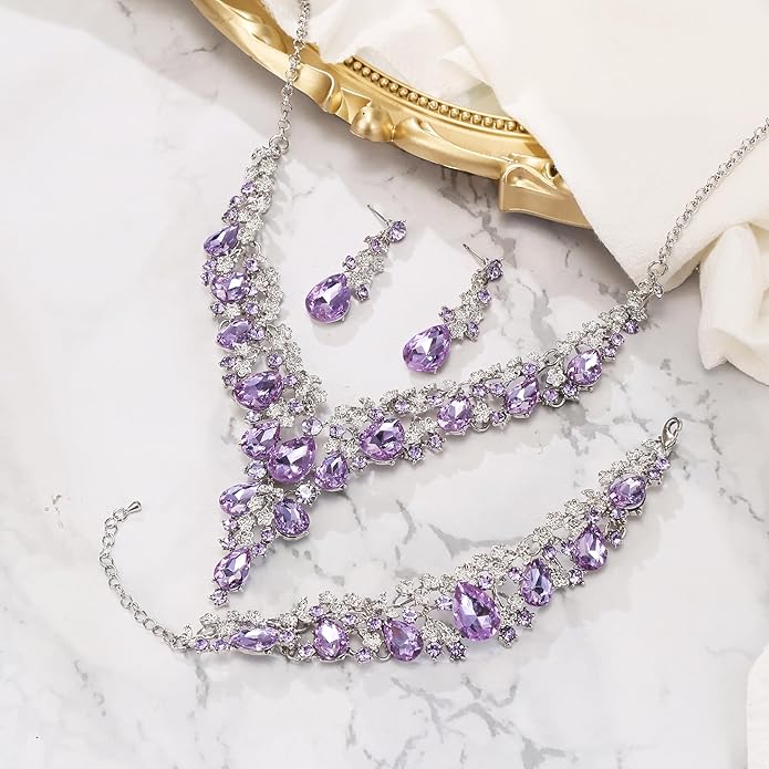 BriLove Women's Wedding Bridal Austrian Crystal Teardrop Flower Cluster Statement Necklace Dangle Earrings Jewelry Set for Party Prom