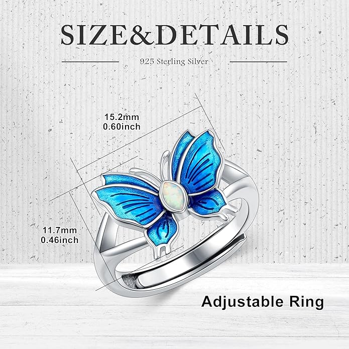 Sterling Silver Blue Butterfly Opal Rings for Women,Butterfly Open Ring Butterfly Ring Butterfly Adjustable Ring Opal Ring Jewelry Gift for Hers Ring Adjustable Size 6-9-1