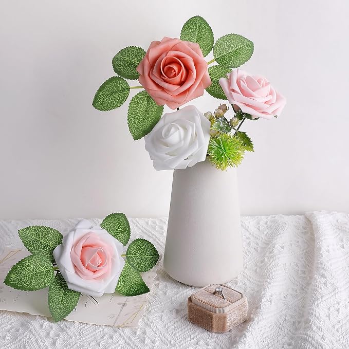 AmyHomie Blush Shades Rose 25pcs Real Looking Artificial Flowers w/Stem | - Image 5