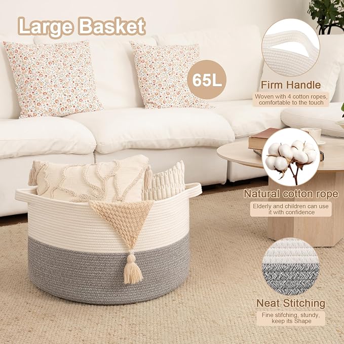 OIAHOMY Large Blanket Basket for Living Room, 19.7" x 12.6" Woven Cotton Rope - Image 4