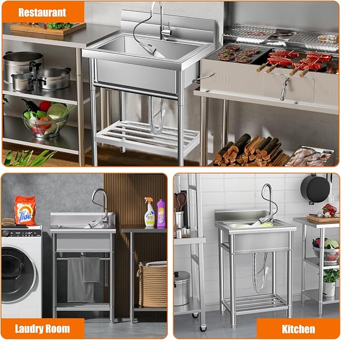 Garvee Stainless Steel Utility Sink, Commercial Kitchen Single Bowl Sink - Image 7