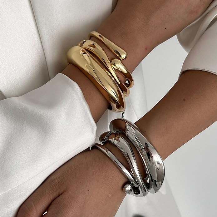 2/3/6pcs Chunky Gold Bangle Cuff Bracelets for Women, Dainty 14K Gold Plated Stackable Bangles Bracelet Set Jewelry Gift