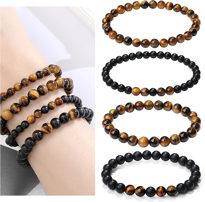 XIANNVXI Natural Stone Beads Bracelet for Men Crystal Bracelets 8MM Tiger Eye Lava Rock Obsidian Beaded Bracelet Set Black/Red/Blue Crystal Beaded Bracelets for Men