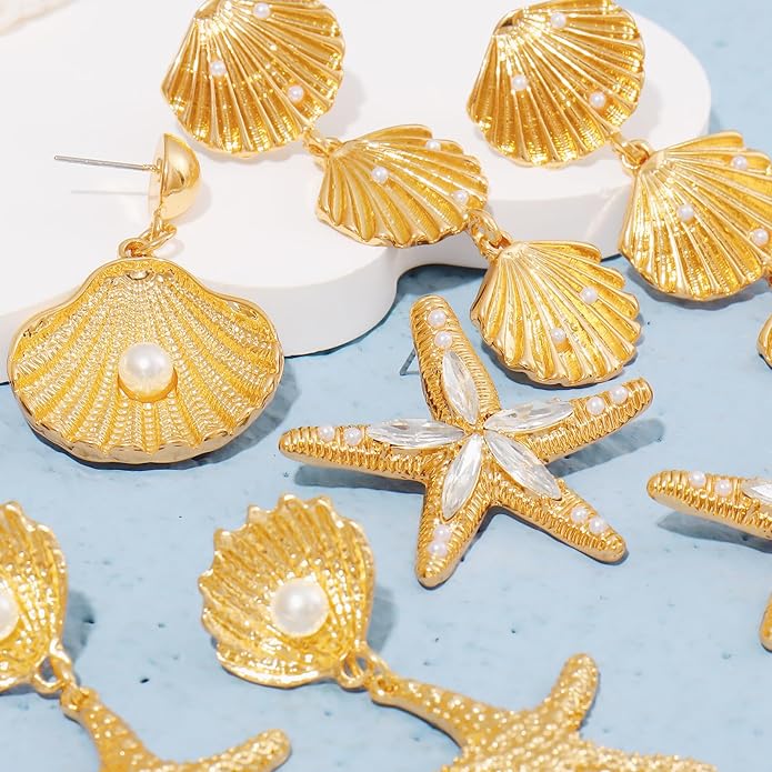 Coiris 4 Pairs Shell Starfish Earrings Set for Women Seashell Gold Dangle Earrings Chunky Drop Beach Summer Jewelry