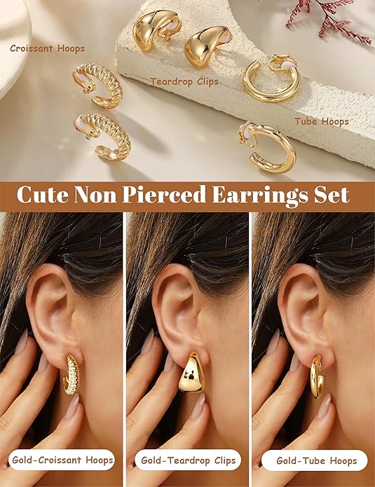 BESTEEL 3Pairs Clip on Earrings for Women Trendy Hypoallergenic 14K Gold Plated Chunky Tube Croissant Waterdrop Clip-on Hoop Earrings Set Fake Jewelry Non Pierced Ears