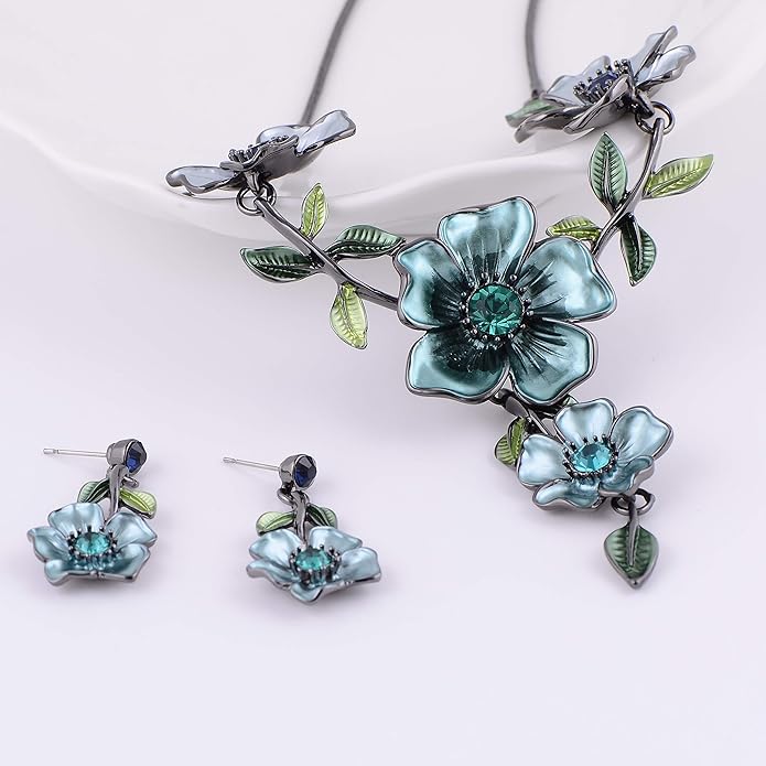 AMYJANE Vintage Statement Jewelry Set - Spring Leaf Flower Floral Plant Necklace Earring Set Crystal Rhinestone Fashion Costume Jewelry for Women Prom Party Unique Gift