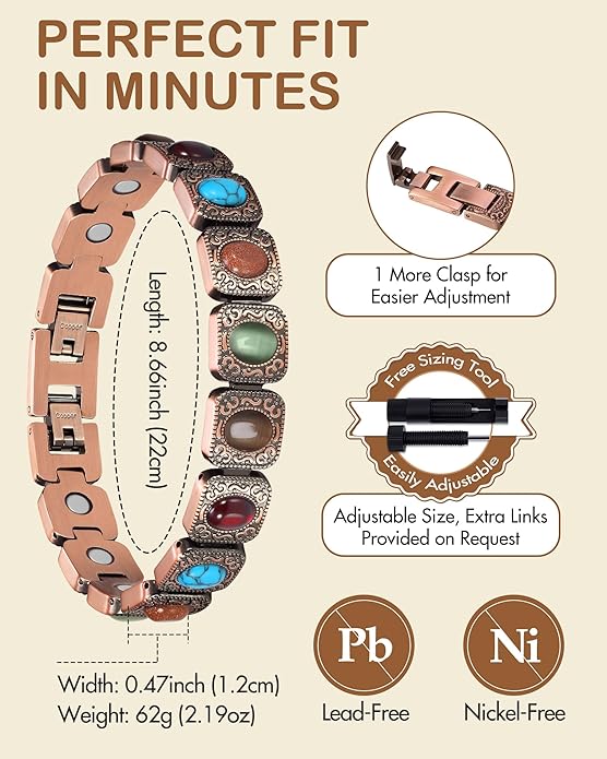 Feraco Pure Copper Bracelets for Women, Ultra Strength Magnetic Bracelet with 3800 Gauss Magnets & Natural Turquoise & Stones, Adjustable, Jewelry Gift