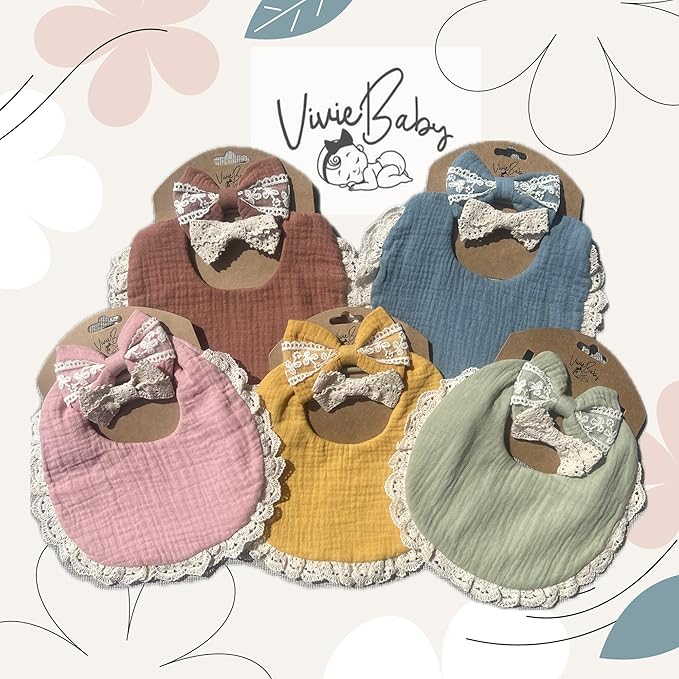 Baby Girl Gift Set, Muslin BoHo Bib with Lace and Matching Bows, Absorbent Cotton Adjustable Bib for Newborn Infant Toddler