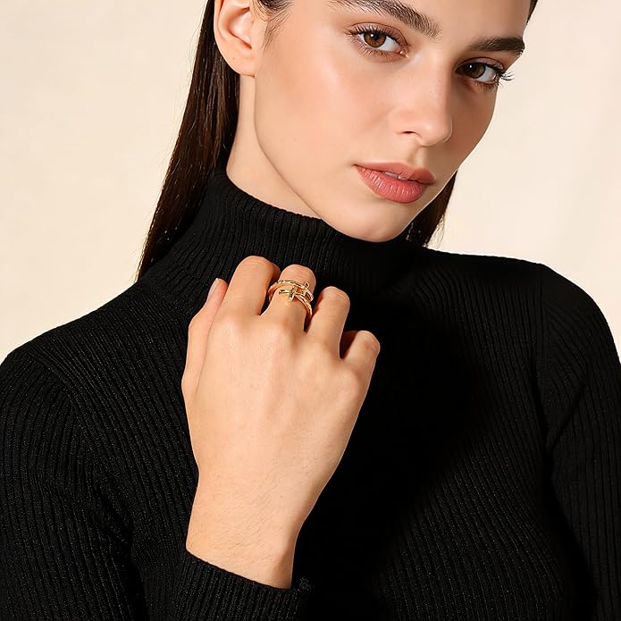 Cross Ring for Women 14 Gold Plated Hammered Texture Open Ring Size Adjustable Dainty Faith Christian Jewelry Gifts