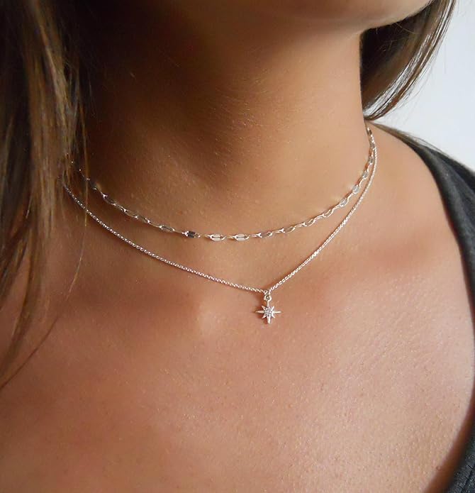 Annika Bella Sterling Silver Star Necklace for Women, Length 15-17 Inches, Tiny Cubic Zirconia North-Star Charm Pendant Necklace, Waterproof, Celestial Jewelry Gift for Her