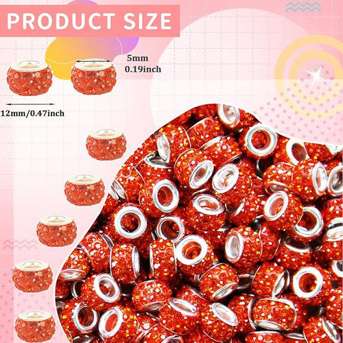 100Pcs Rhinestone Large Hole Beads Spacer Beads Orange European Craft Big Beads Large Hole Rhinestones Lampwork Murano Bead Fairy Wand Garden Beads for DIY Bracelet Necklace Jewelry Making Supplies