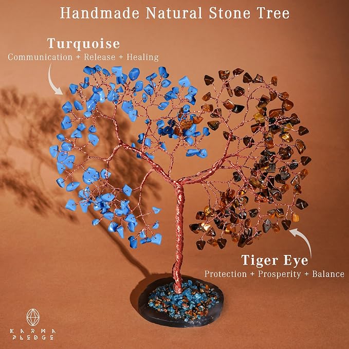 Handmade Healing Crystal Tree of Life Pink Tiger Eye and Turquoise Chakra Tree - Image 2