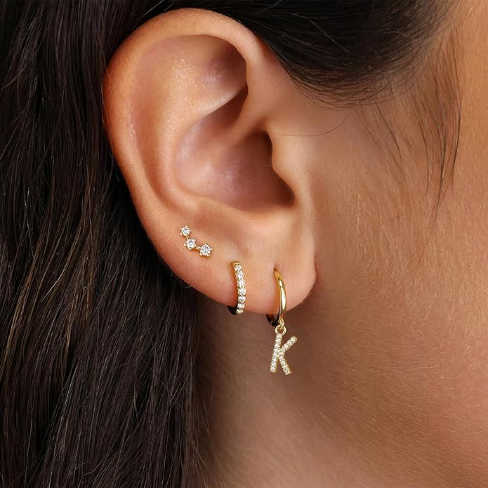 Valentines Day Gifts for Kids Girls - 3 Pairs Gold Earrings for Women Huggie Hoop Earrings for Girls with Initial Dangle Cartilage Earring Studs Hypoallergenic Earring Set for Multiple Piercing