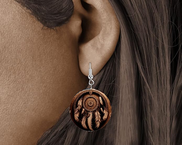 Round Wood Earrings Light Weight Printed Image Dangle Jewelry