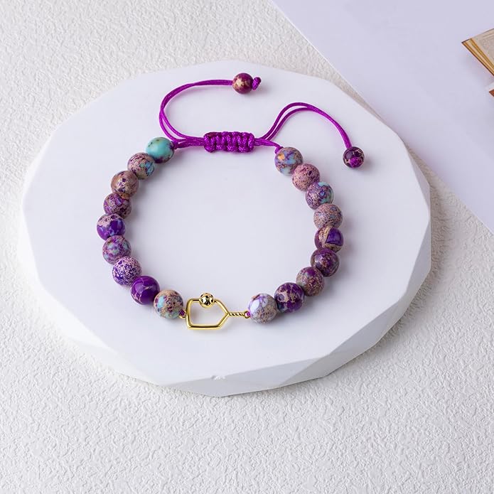 Natural Stone Adjustable Braided Beaded Pickleball Bracelet Charm Jewelry - Sports Lover Pickleball Gifts for Women Men Teens Friends