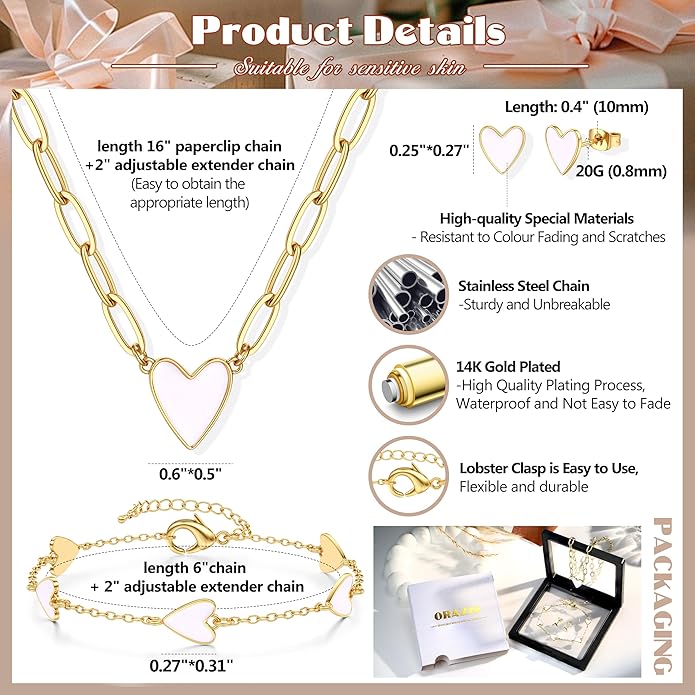 ORAZIO Jewelry Set for Women,Hypoallergenic 14K Gold Plated Pink/Black/Blue/White Heart Jewelry Set Trendy Heart Pendant Necklace Heart Charm Bracelet Cute Heart Earring Studs Dainty Women's Jewelry Sets Gift