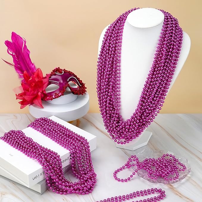 ZYFLSQ 100 Pcs 33" 7mm Metallic Hot Pink Beads Necklaces, Bulk Mardi Gras Beaded Necklaces, Party Beads Costume Necklaces (Hot Pink)