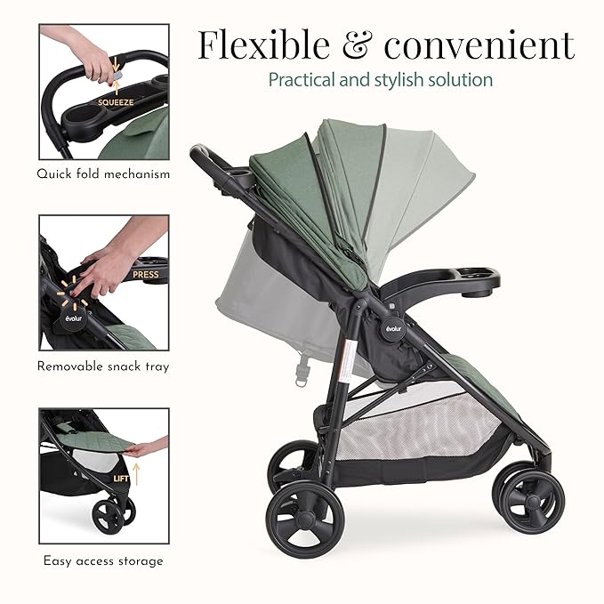 Evolur Breeze Stroller in Green, Adjustable Backrest & Canopy, Compact Fold Lightweight Baby/Toddler Stroller with Storage Basket