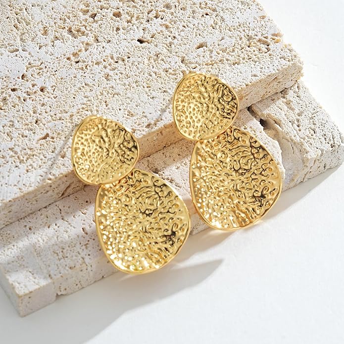 YUJIE Gold Statement Earrings for Women 18K Gold Plated Hammered Textured Earrings Bold Dangle Geometric Earring Trendy Jewelry