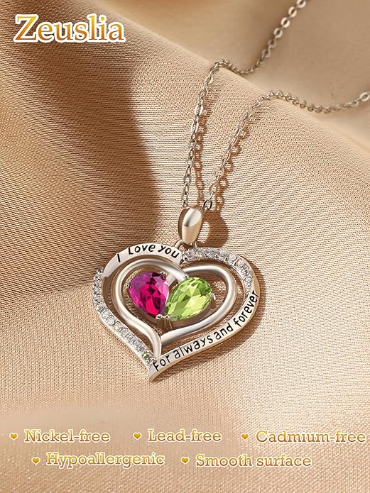 Valentine's Day Gifts for Wife 925 Sterling Silver Double Birthstone Pendant Necklaces I Love You for Always and Forever Necklace Anniversary Birthday Gifts for Wife Girlfriend Mom Her