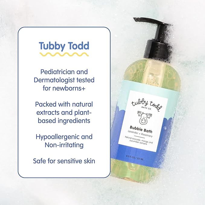 TUBBY TODD Bubble Bath for Kids, Toddlers & Babies - Hypoallergenic, Non-Irritating Sensitive Skin Bubble Bath - 2 Pack, 25 fl oz & 8 fl oz - Lavender Rosemary
