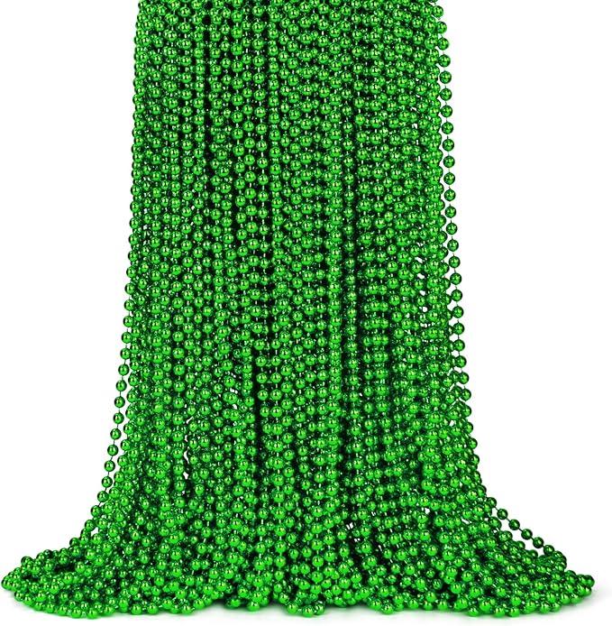 ZYFLSQ 100 Pcs 33" 7mm Metallic Green Beads Necklaces, Bulk Mardi Gras St. Partrick's Day Beaded Necklaces, Party Beads Costume Necklaces (Green)