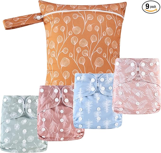 HappyFlute 9 Sets Newborn Baby Cloth Pocket Diapers One Size Adjustable Reusable for Baby Boys and Girls(6-33 pounds,0-3 Years),One Wet Bag+4Diapers and 4Inserts