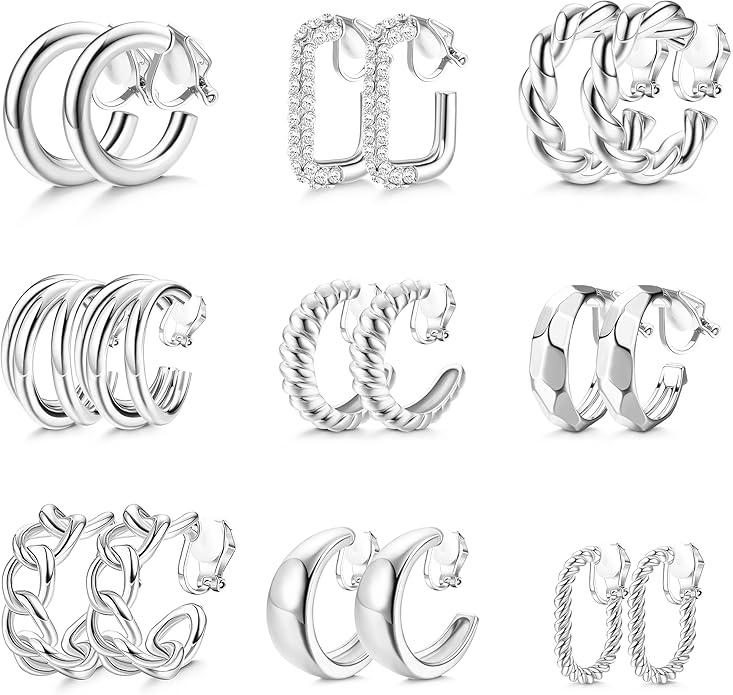 THUNARAZ 9 Pairs Clip on Earrings for Women 14K Gold Plated Chunky Hoop Clips Earring Trendy Clip on Hoop Earrings for Women Non-Pierced Fake Jewelry