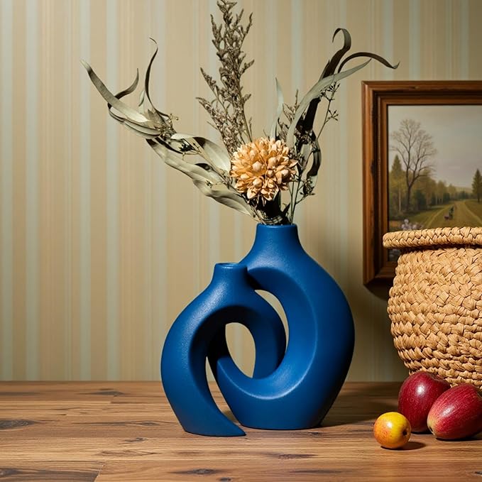Snuggle Hollow Ceramic Vase Set of 2, 8.4 inch Modern Nordic Coastal Shaped - Image 6
