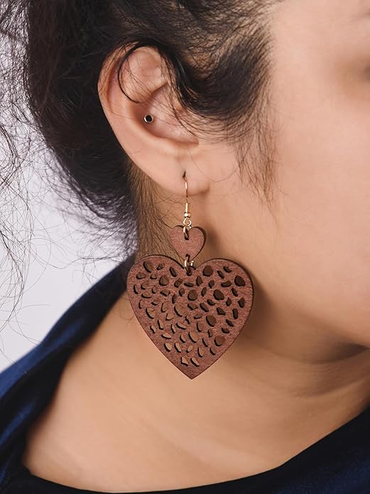 MINACHI Bohemian Hollow Cut-Out Wood Leather Dangle Drop Earrings, Boho Chic Hippie Statement Jewelry Gift for Women