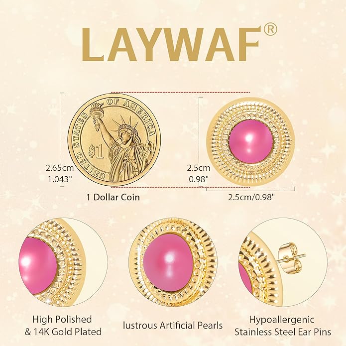 Faux Pearl Gold Plated Stud Earrings for Women, Hypoallergenic Stainless Steel Ear Pin, Available in a Variety of Pearl Colors