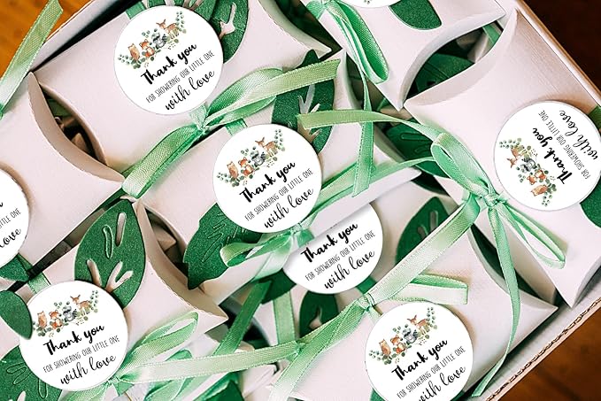 80 Pieces Thank You for Showering Our Little One with Love Woodland Creature Thank You Stickers, Baby Shower Birthday Party Decorate Watercolor Forest Woodland Animals Theme Label Decorations