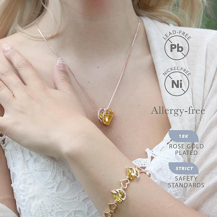 Leafael Rose Gold Plated Necklace for Women: Heart Shaped Birthstone/Healing Crystals Center, Dazzling Cubic Zirconia, Hypoallergenic Chain (18"+2"), Jewelry Gifts for Anniversaries and Birthdays