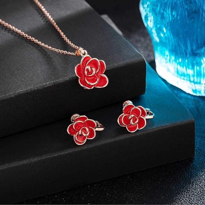 Dainty Rose Flower Pendant Necklace Clip On Earrings Set for Women 14K Gold Plated Hypoallergenic Jewelry Sets
