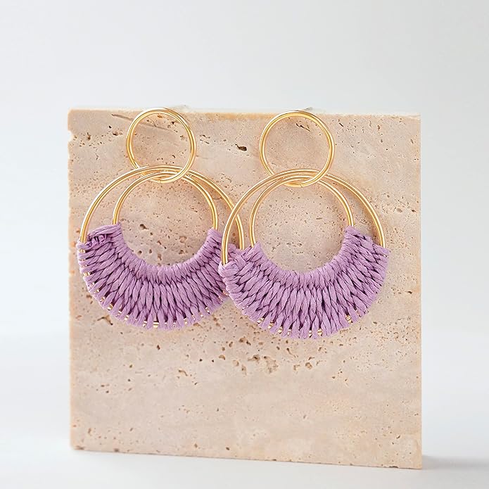 Raffia Hoop Earrings for Women Fun Boho Summer Beach Earrings Lightweight Handmade Straw Wicker Rattan Dangle Earrings Statement Geometric Round Drop Earrings