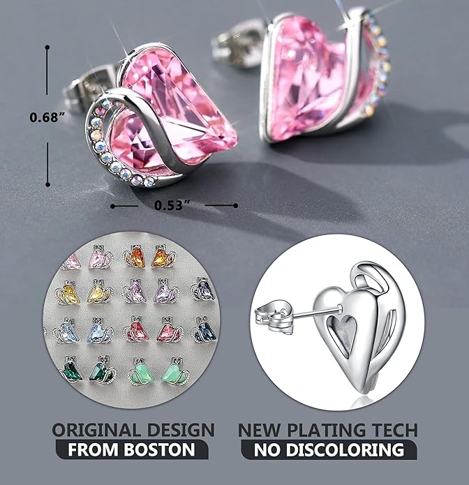 Leafael Infinity love Heart Birthstone Stud Earrings for Women, Valentine's Day Gifts for Mom, Wife, and Her, Silver Plated Birthday Jewelry