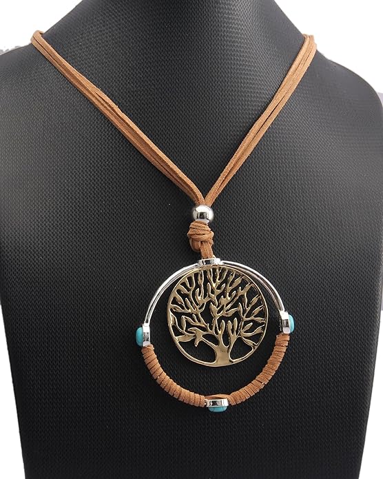 GelConnie Boho Necklaces for Women Vintage Silver Circles Long Pendant Necklace Cowgirl Sweater Necklace Adjustable Leather Choker Necklace for Women